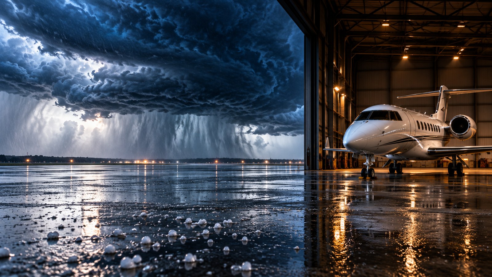 Concept artwork of a sheltered aircraft beside a storm-covered airport apron