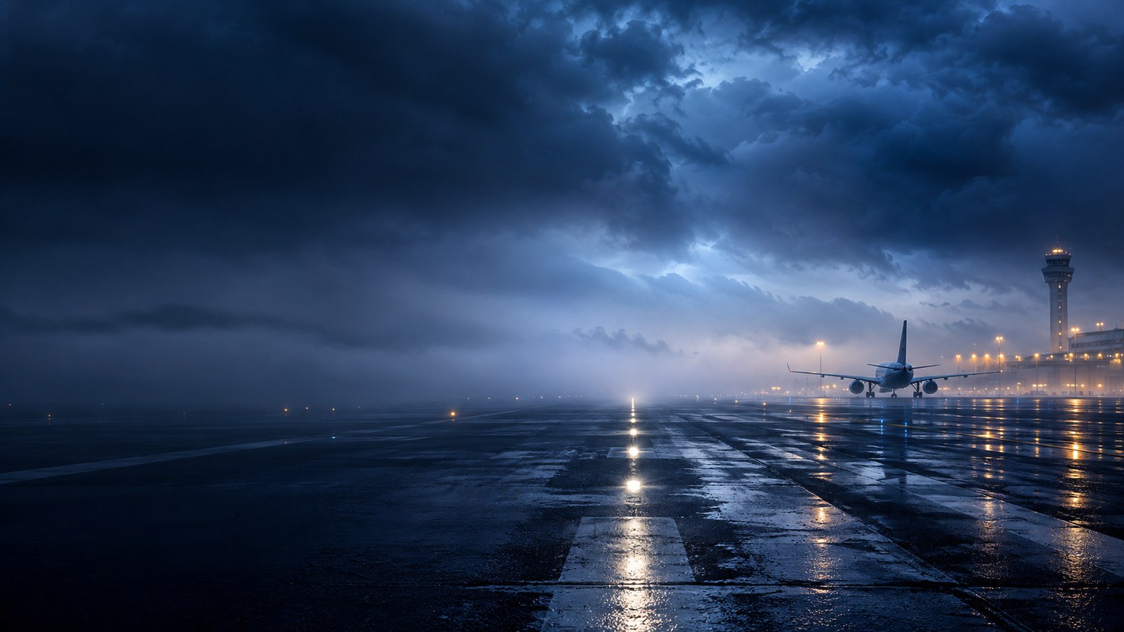 Concept artwork of a fog-covered airport runway with blue lighting and an aircraft on the apron