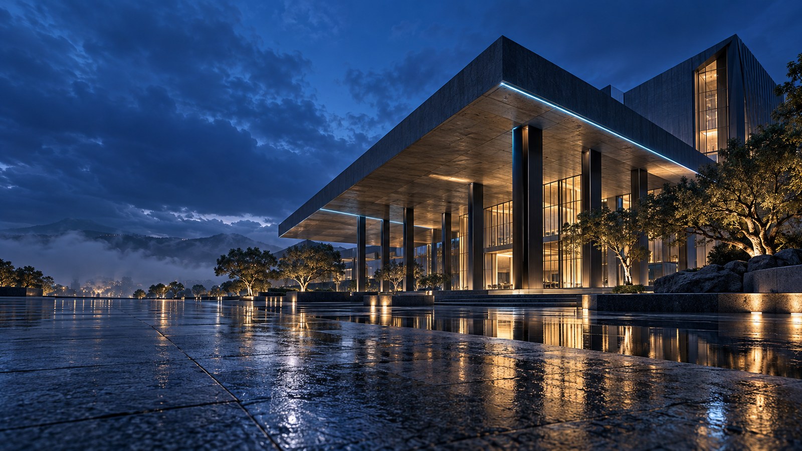 Concept artwork: Concept of a monumental civic engineering campus with sculptural architecture at blue hour.