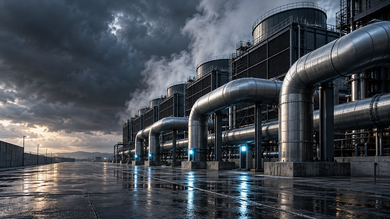 Concept artwork: Monumental cooling plant with steel pipework beneath storm clouds.