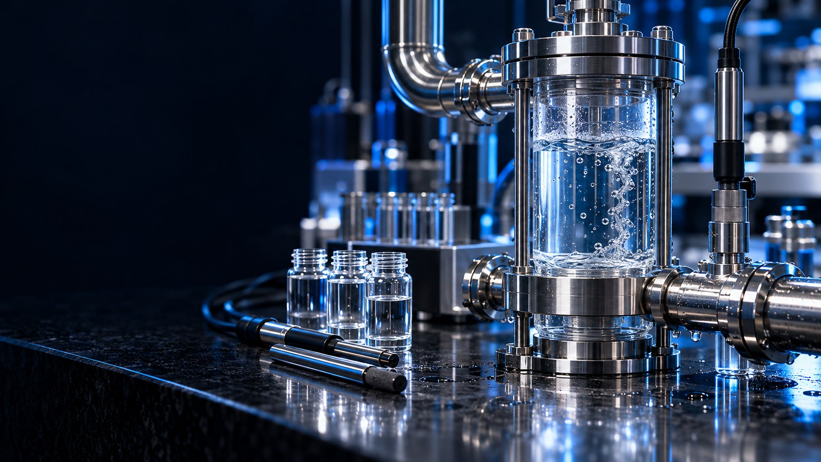 Concept artwork: Water-quality laboratory with glass sample vessels and inline analysis instruments.