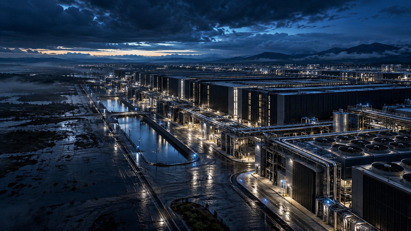 Concept artwork: Data-center campus with cooling infrastructure and water channels at twilight.