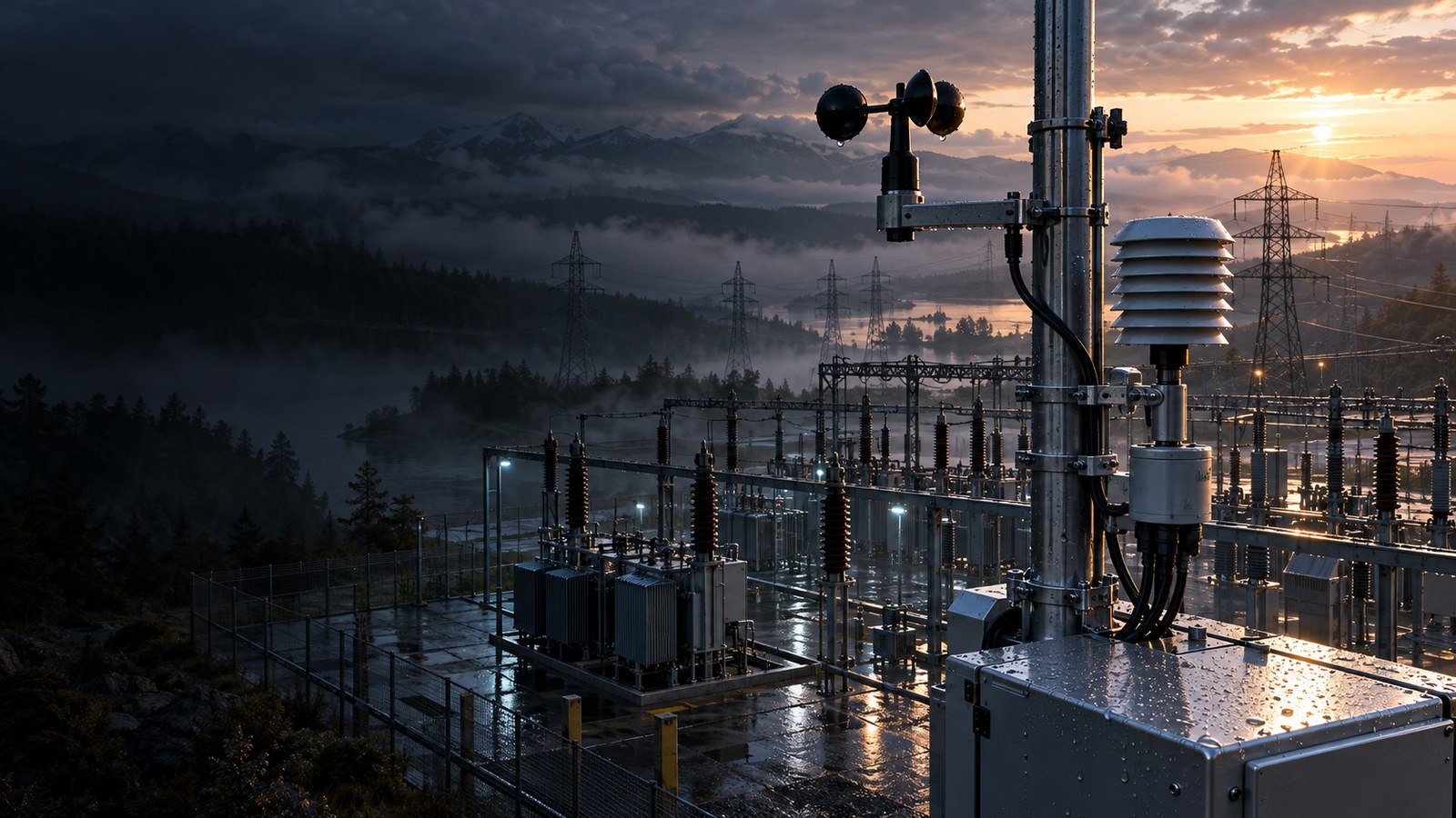 Concept artwork: reference weather instruments and a calibration enclosure above a power substation at dawn.