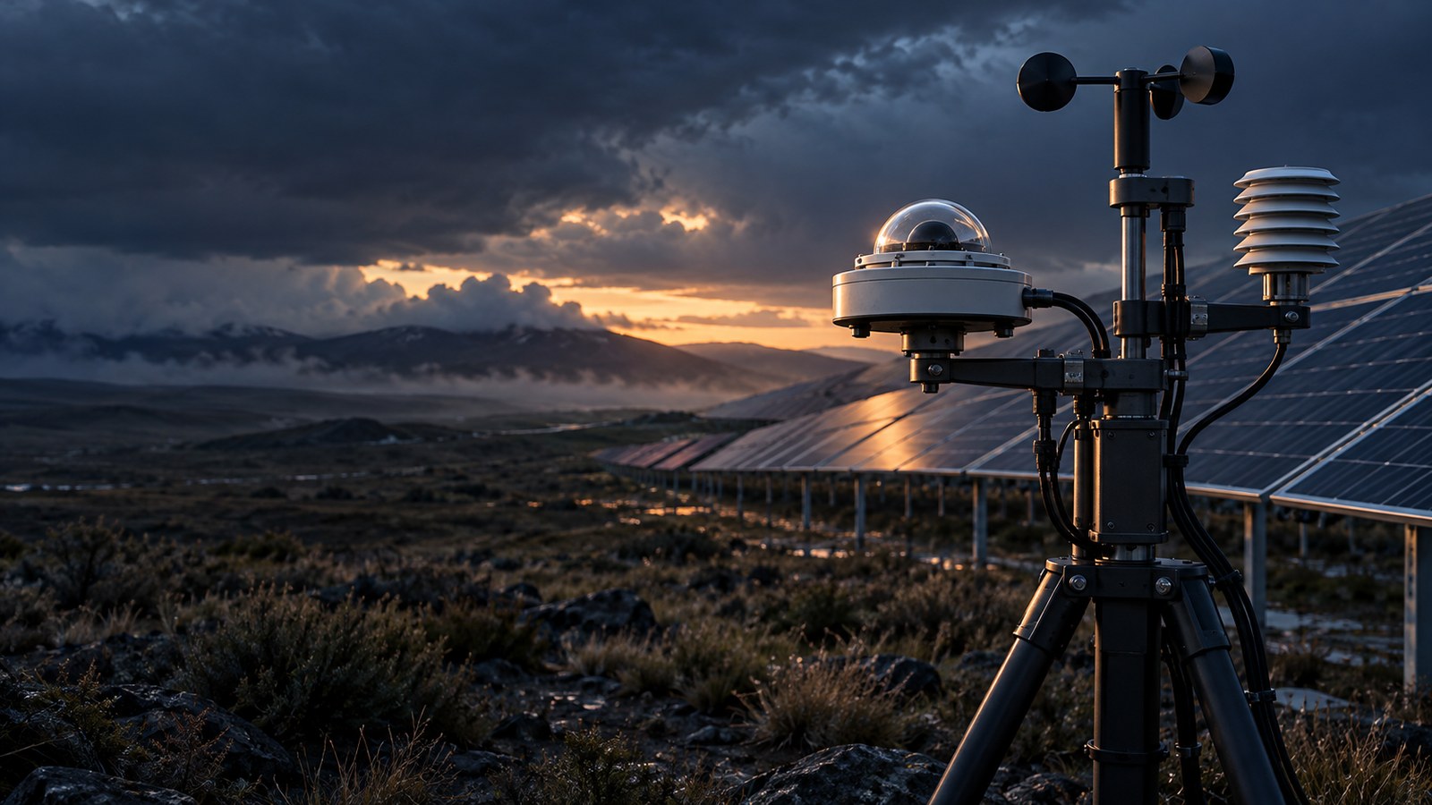 Concept artwork: Precision solar irradiance and weather instruments beside a photovoltaic array.