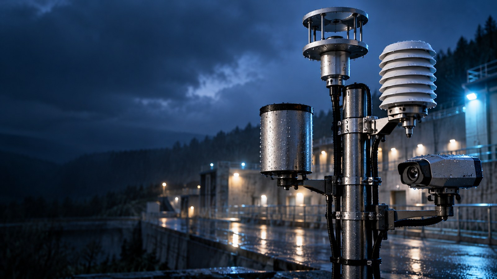 Concept artwork: Concept of a precision weather measurement station beside a critical facility in blue-hour rain.