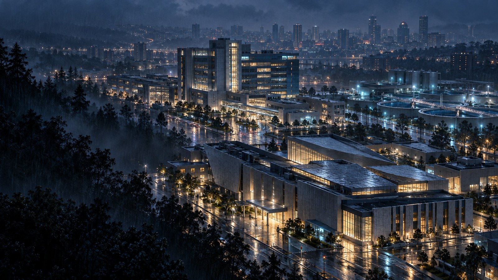 Concept artwork: Concept of varied critical facility campuses lit through blue-hour rain across a layered city.