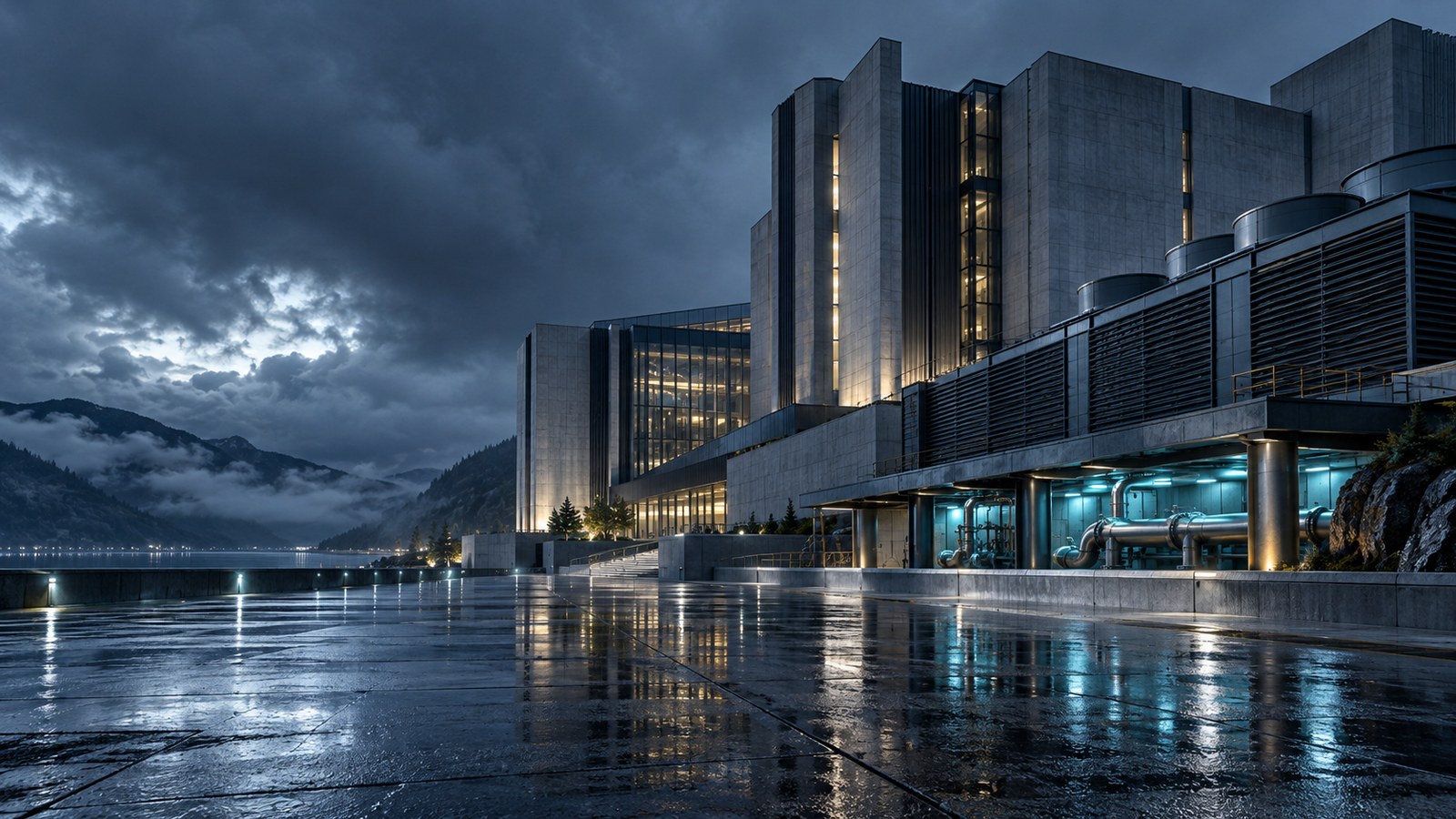 Concept artwork: Rain-soaked institutional campus and its cooling plant.
