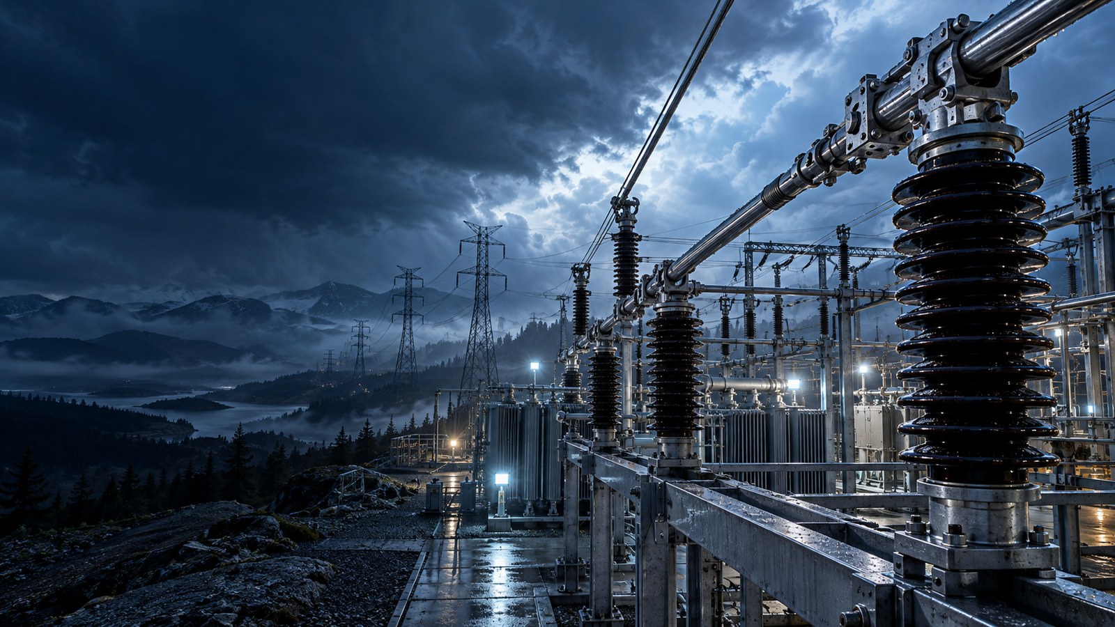 Concept artwork: High-voltage conductors and an instrumented substation in storm light.