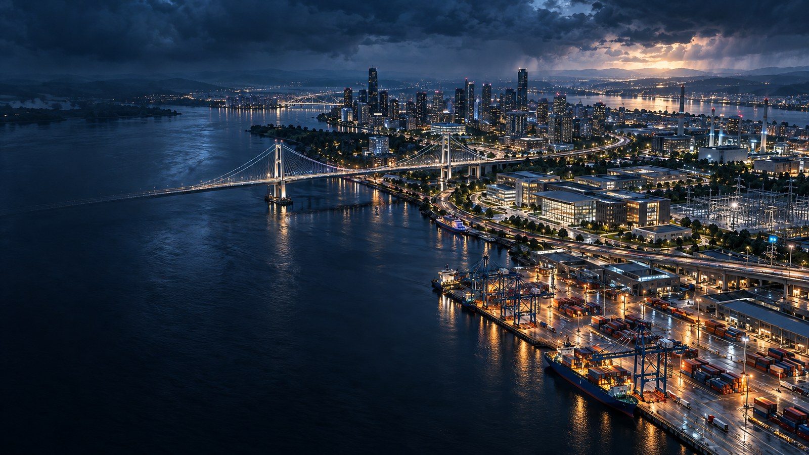 Concept artwork: Cinematic concept of an interconnected river city with a bridge, port and essential civic facilities at blue hour.