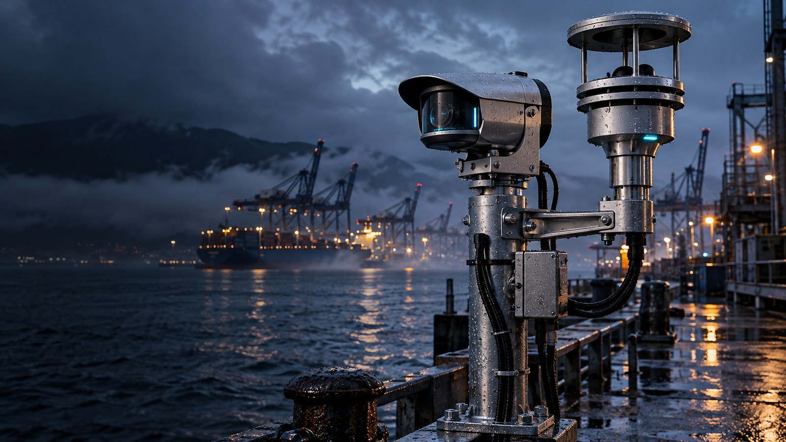 Concept artwork: marine weather instruments on a pier overlooking a container harbor.