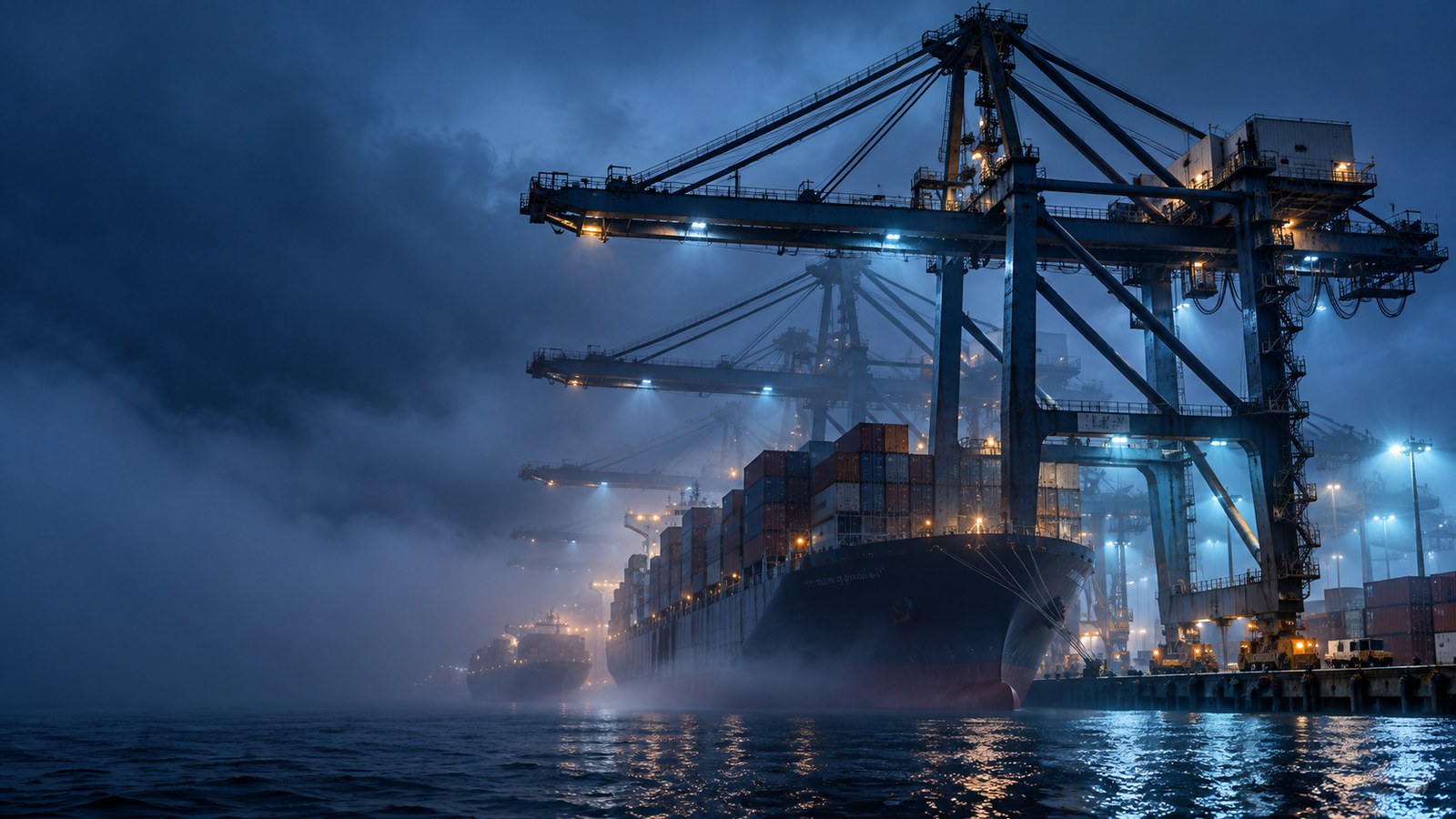 Concept artwork: monumental container cranes and a ship in blue harbor fog.