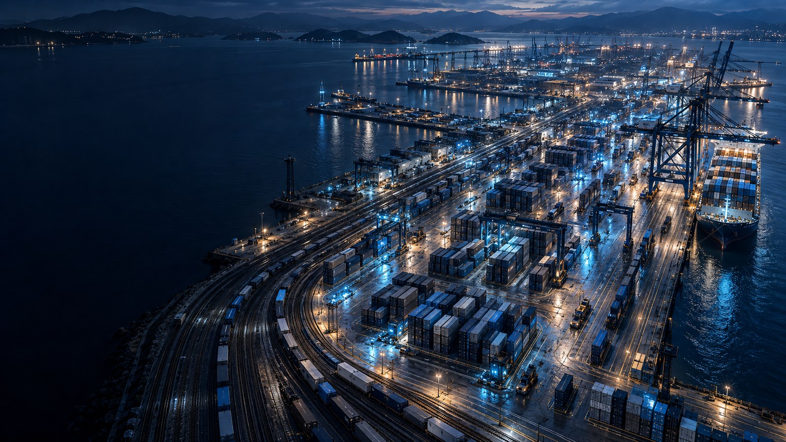 Concept artwork: container terminal and railway geometry at blue hour.
