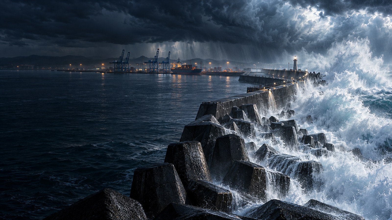Concept artwork: a port breakwater sheltering the harbor from heavy ocean waves.