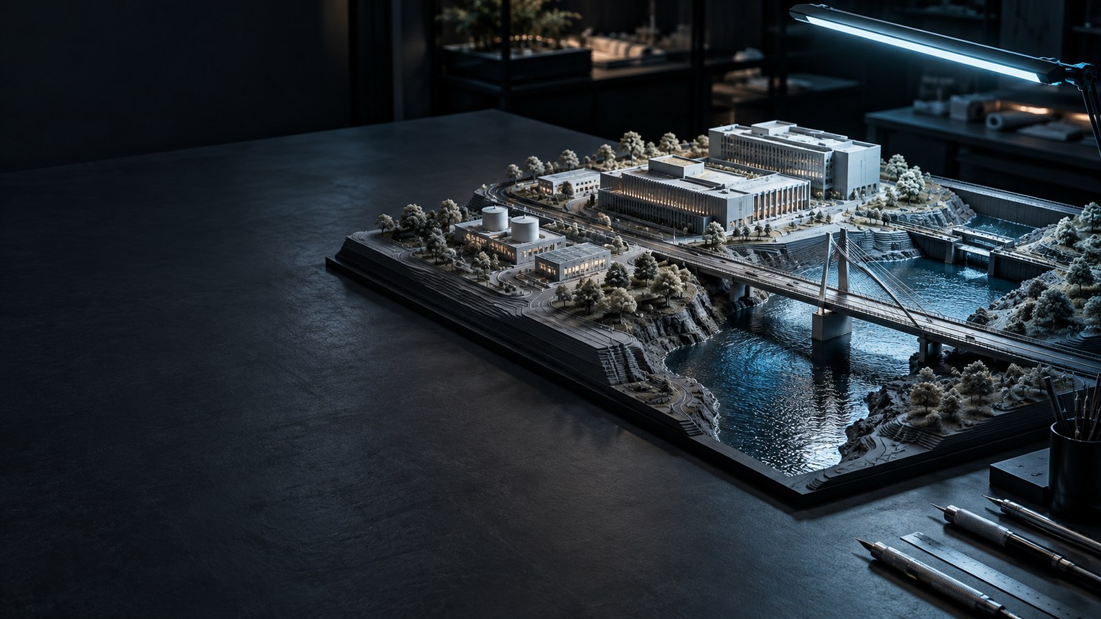 Concept artwork: Concept of a physical infrastructure site model under cyan task lighting in a dark design studio.