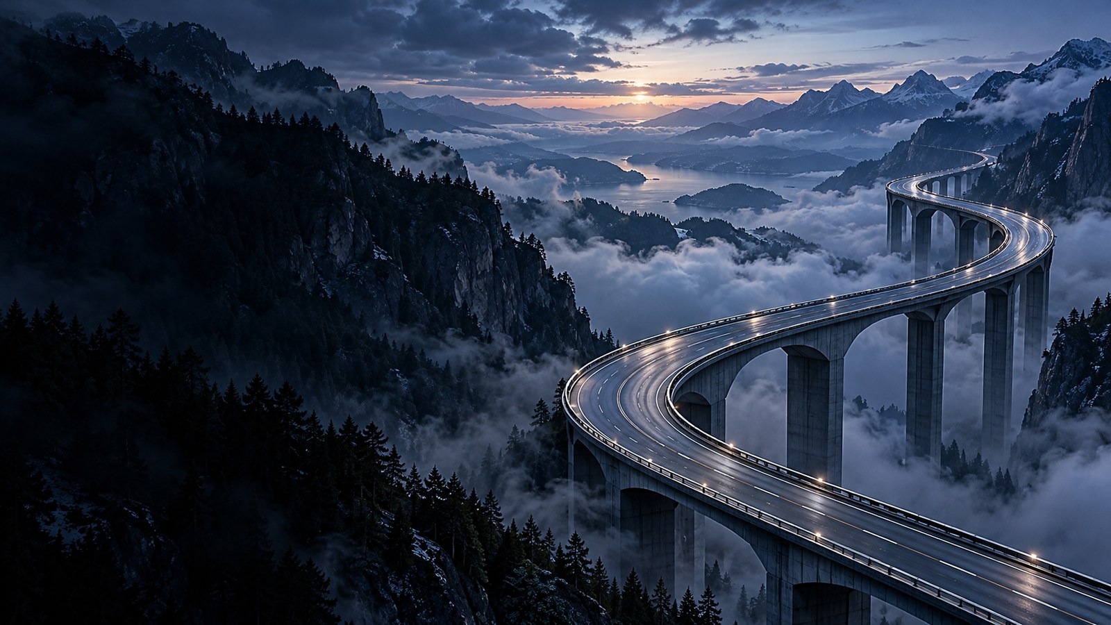 Concept artwork: an elevated mountain highway winding above a fog-filled valley.