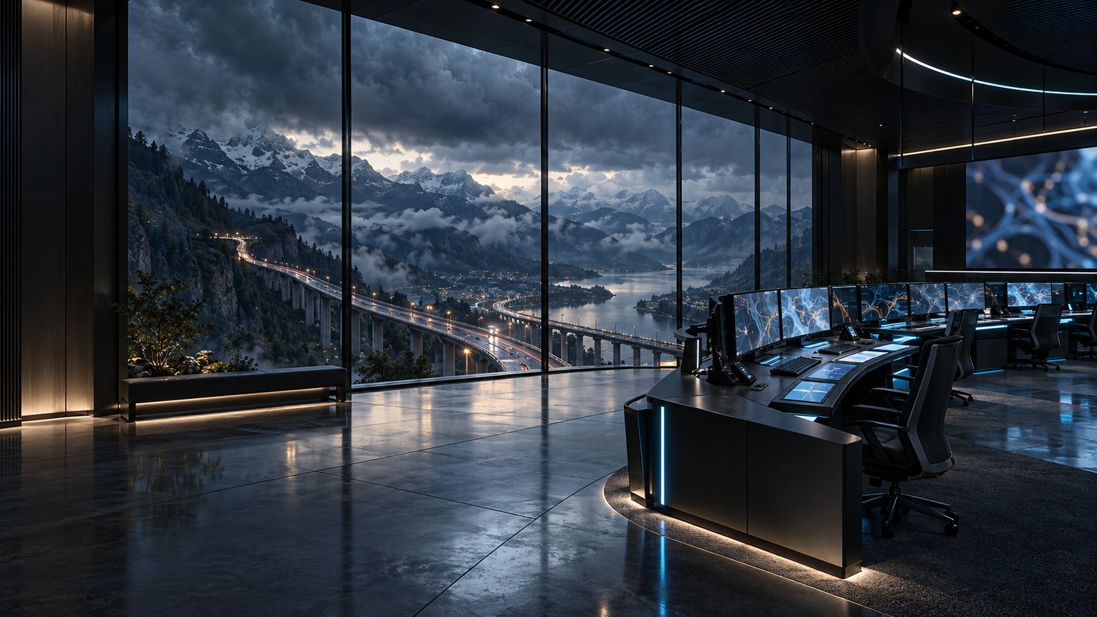 Concept artwork: a transport operations room overlooking a mountain highway.
