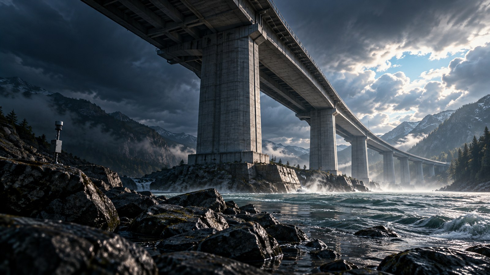 Concept artwork: a monumental river bridge, protected embankments and a small monitoring sensor after a storm.