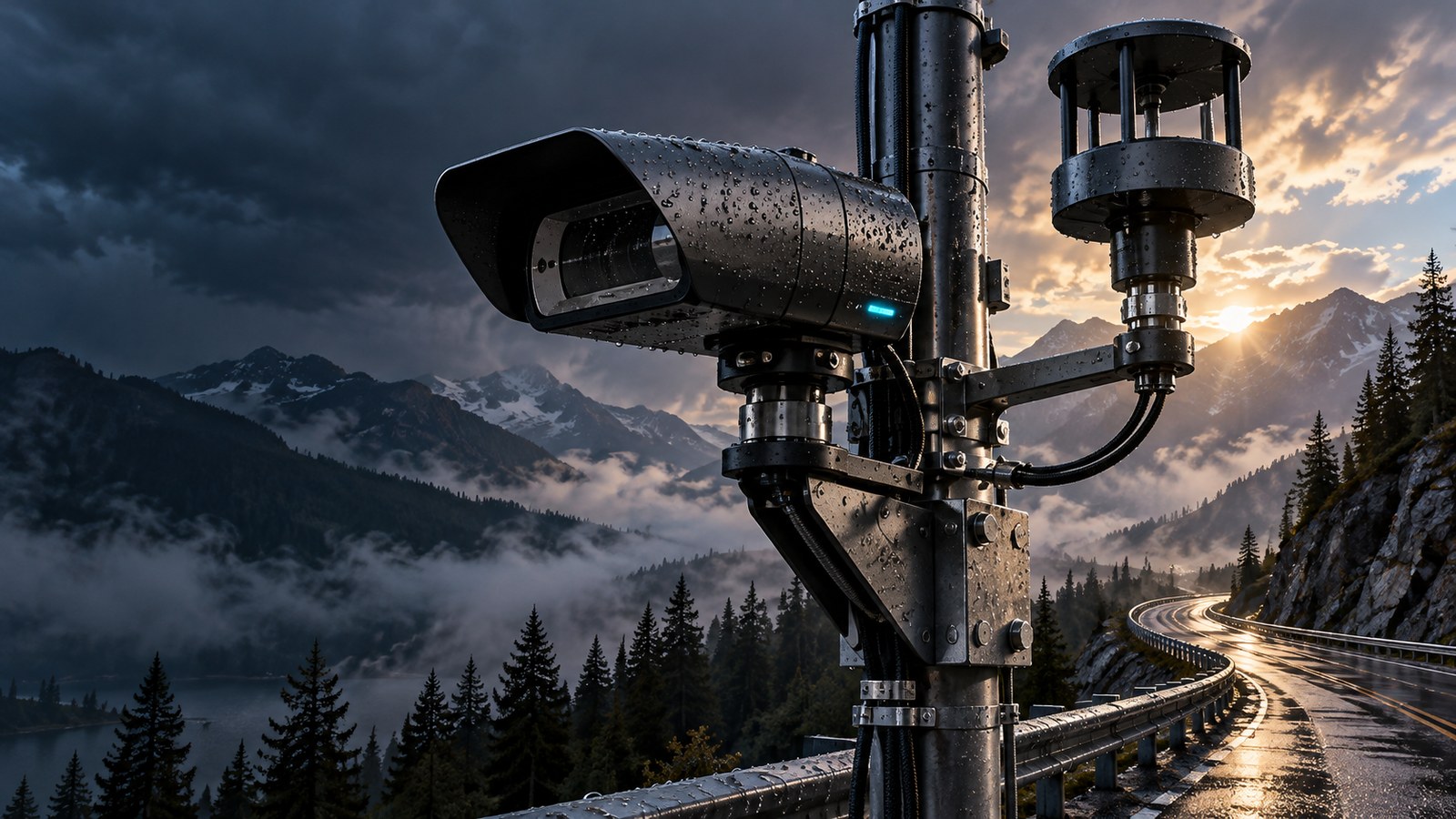Concept artwork: a precision weather sensor beside a rain-darkened mountain highway.