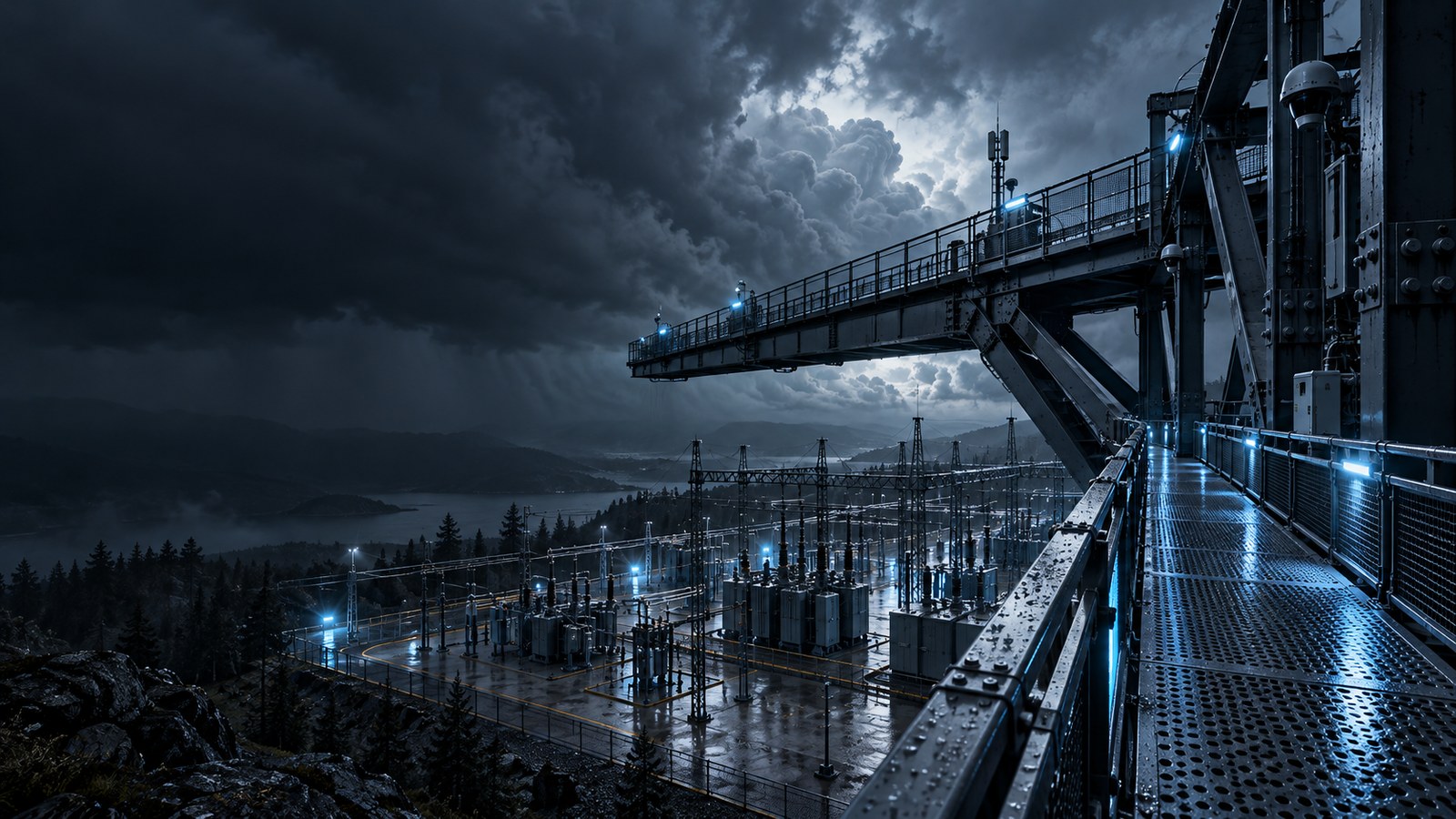 Concept artwork: Inspection gantry and instrumented critical infrastructure beneath a storm sky.