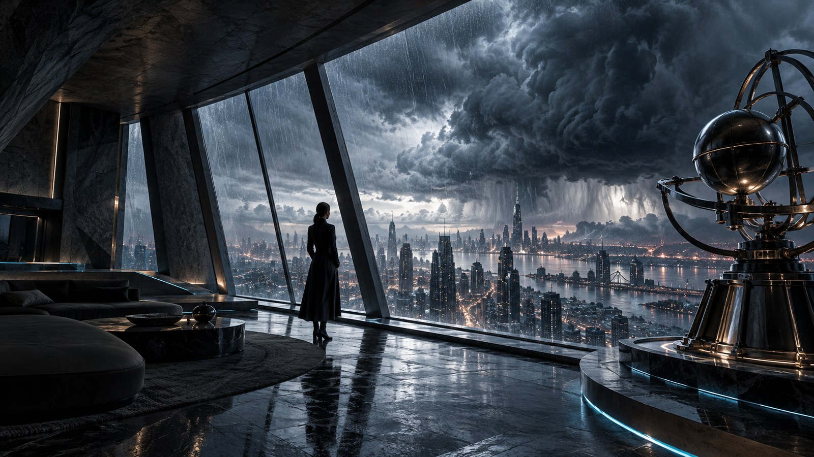 Concept artwork: Storm-lit city seen from a futuristic atmospheric observation chamber.