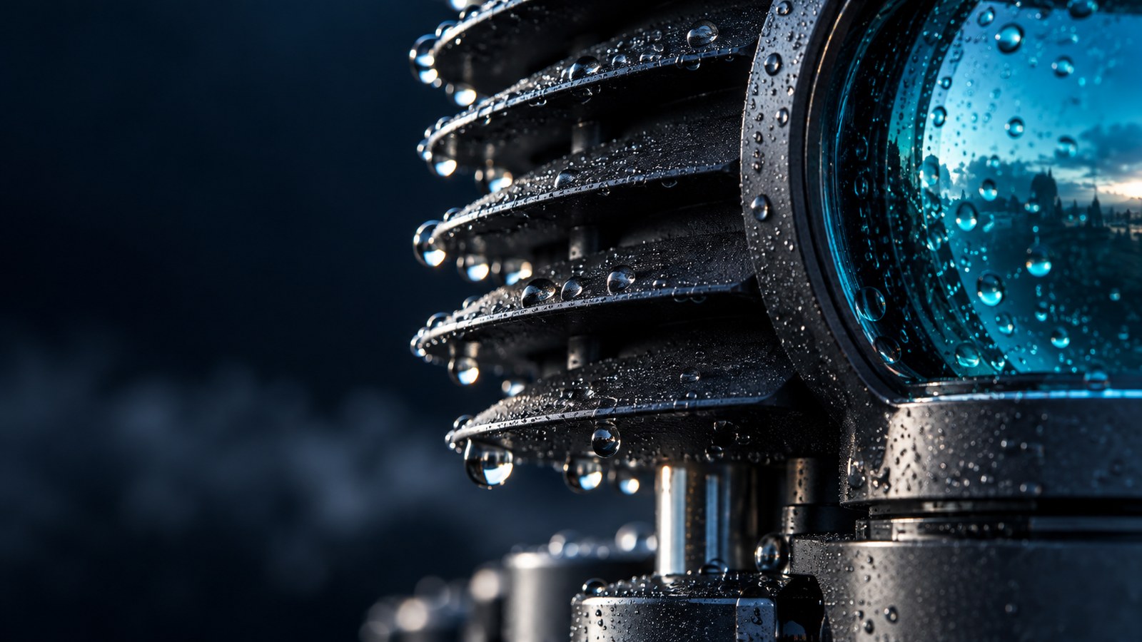 Concept artwork: Dew droplets on the machined surfaces of an atmospheric sensor.