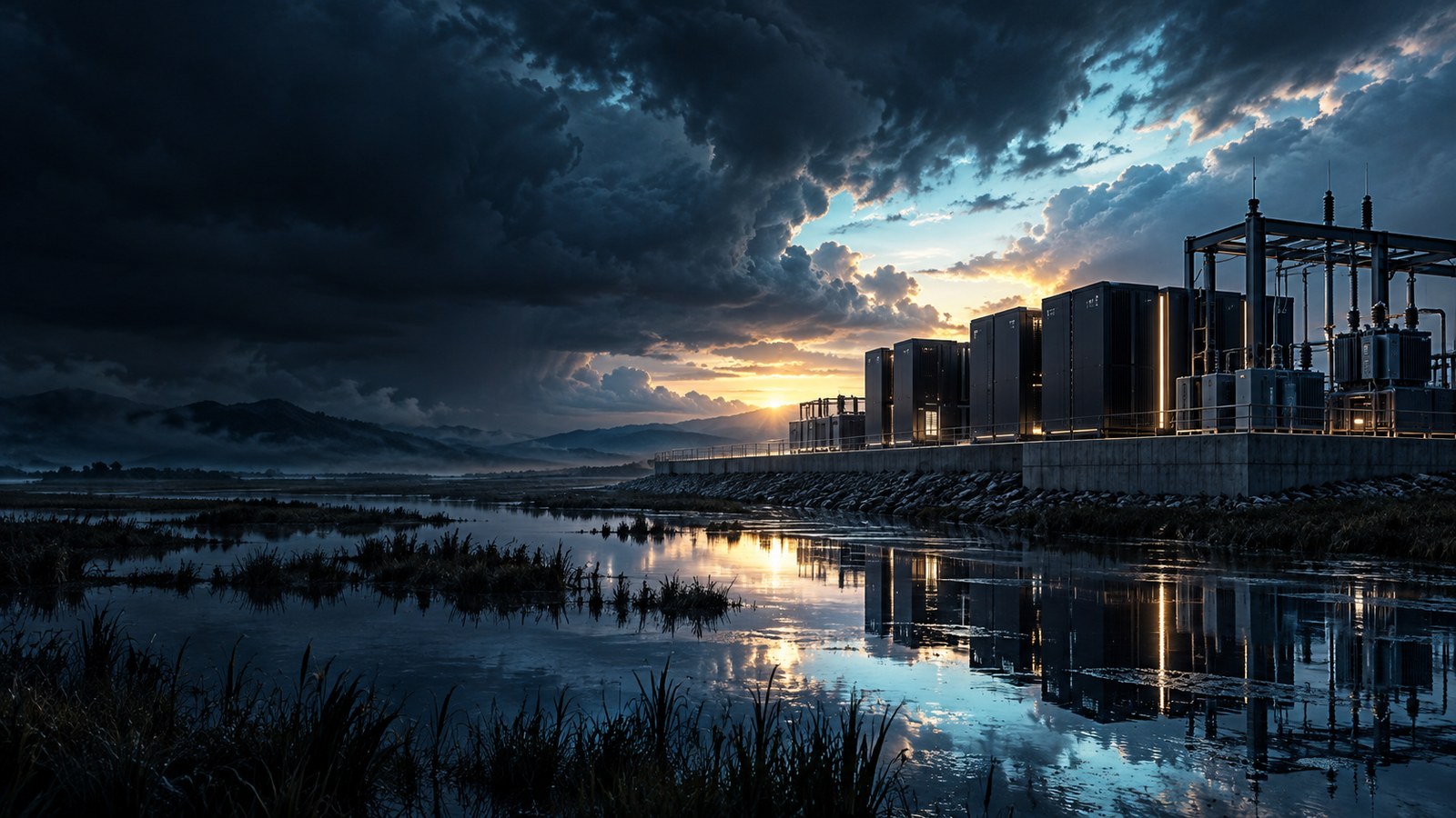 Concept artwork: An elevated microgrid station under clearing blue storm clouds at dawn.