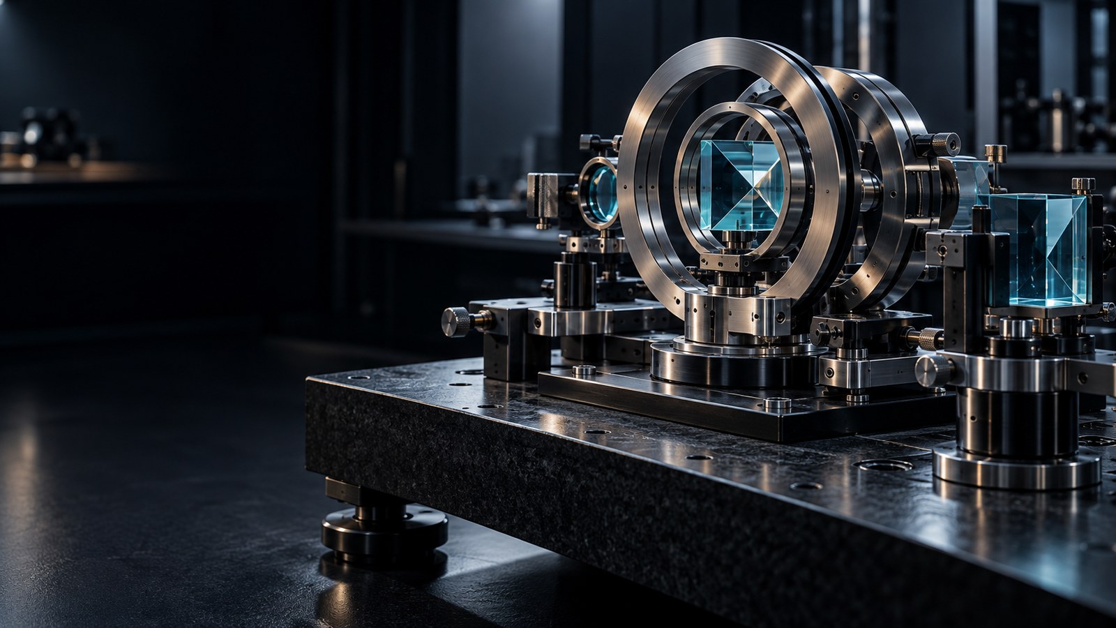 Concept artwork: Concentric precision instruments and cyan optical glass on a dark metrology bench.