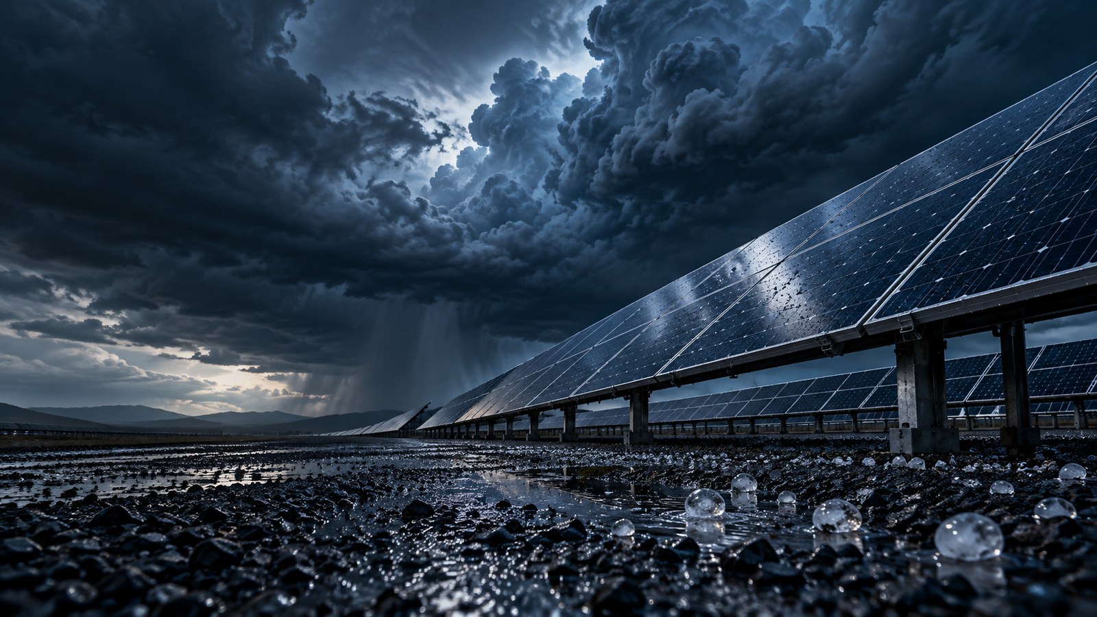 Concept artwork: Solar panels under a threatening storm, with hailstones on wet gravel.