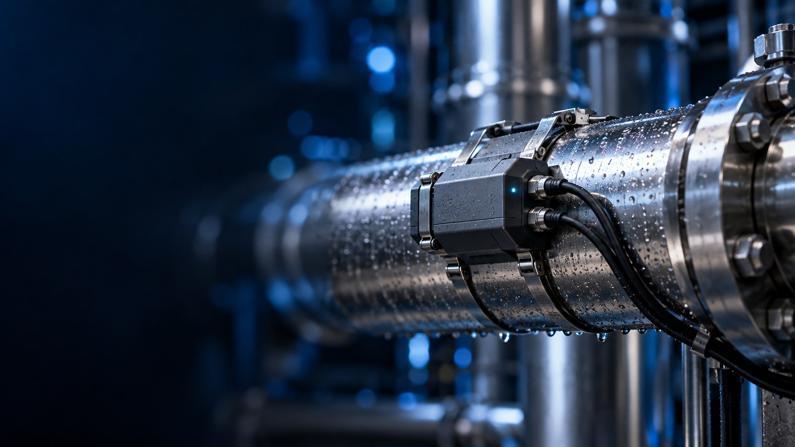 Concept artwork: Condensation-covered water pipe with an ultrasonic flow sensor.