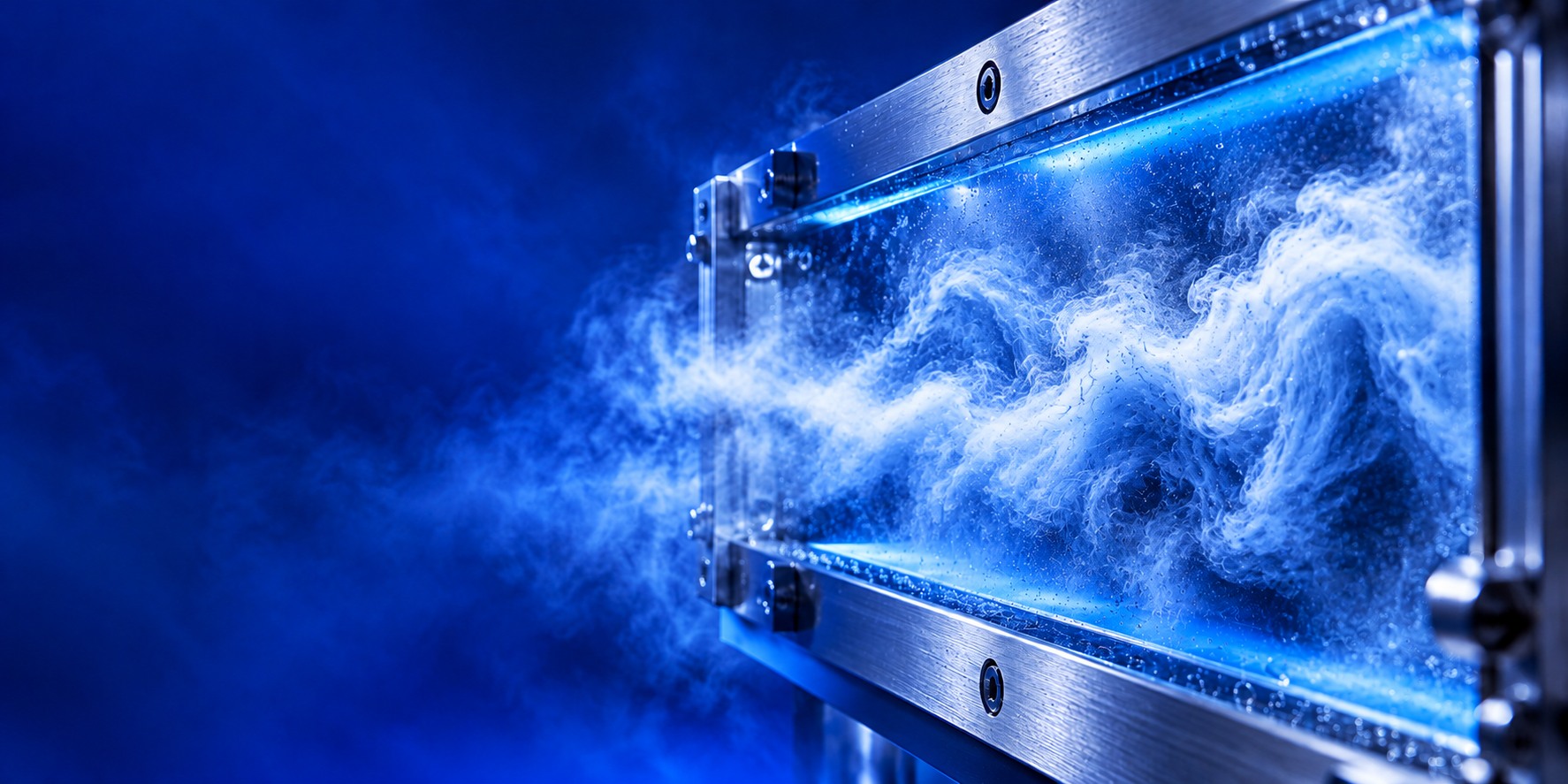 Concept visualization of turbulent fog illuminated inside an atmospheric research flow cell