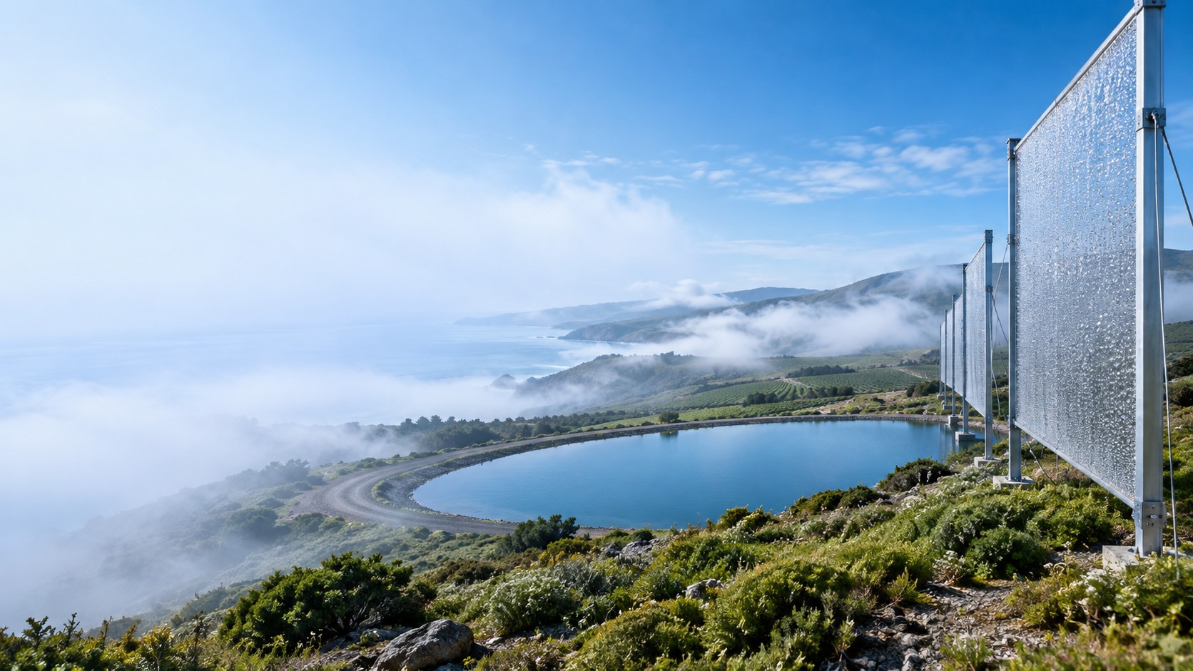 Concept of fog collectors connected to an agricultural water-storage system