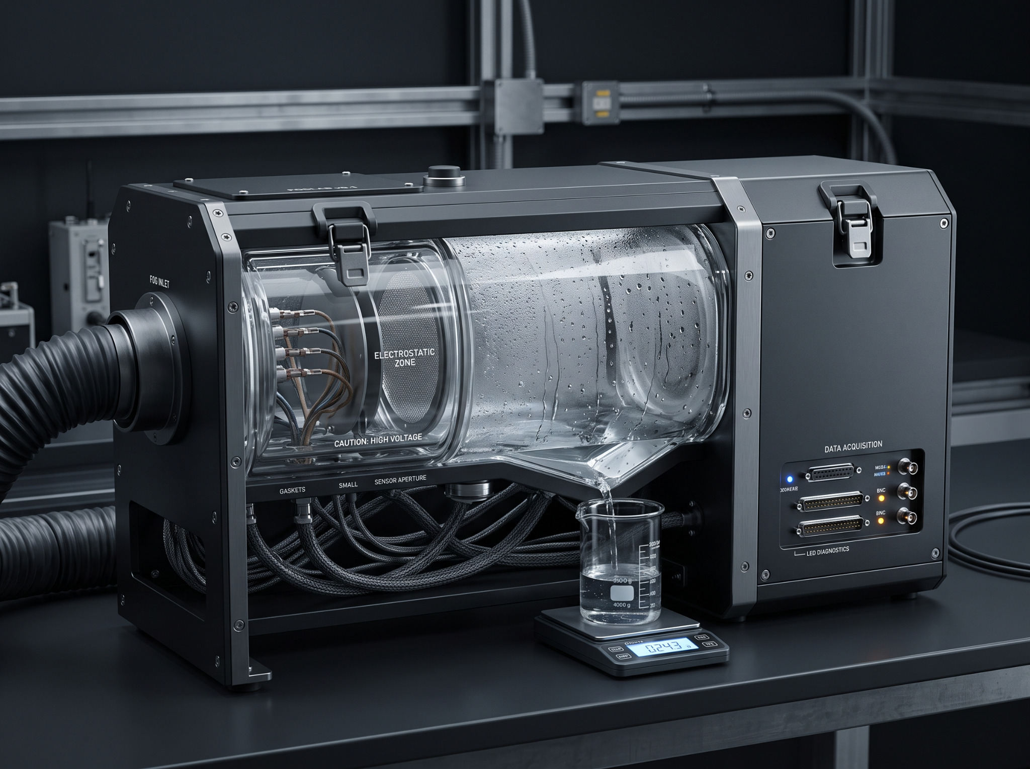 Concept rendering of a dark enclosed FogLab instrument with an illuminated fog chamber
